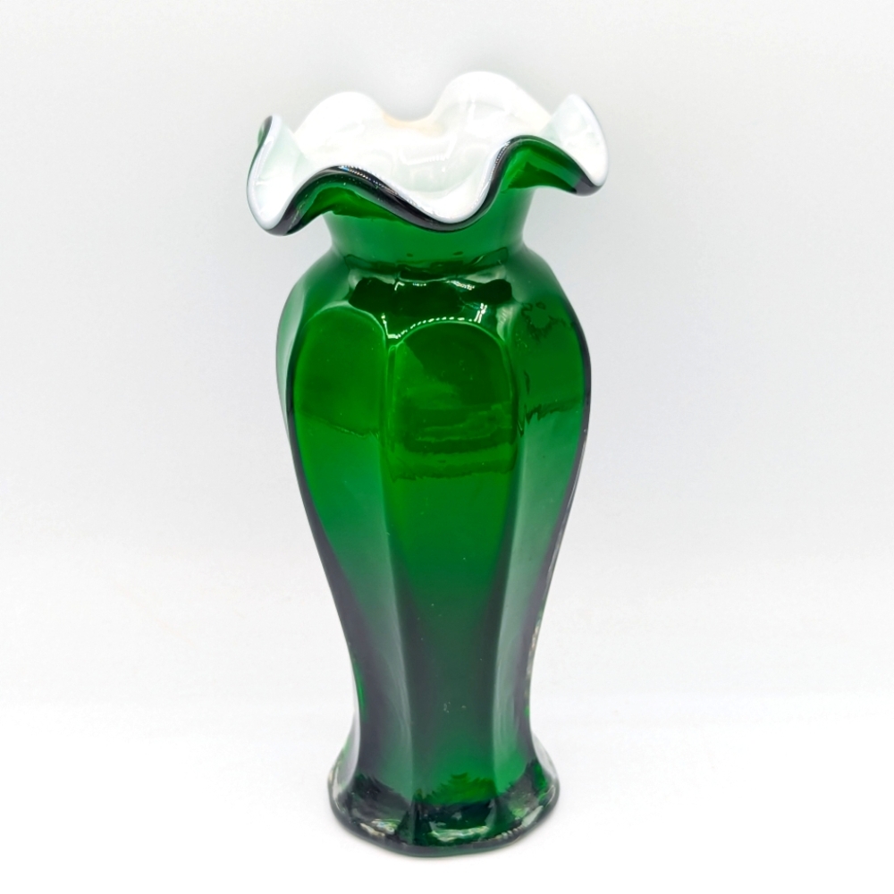 Beautiful 8" Green Octagonal Glass Vase with Fused White Interior,Art Nouveau Va